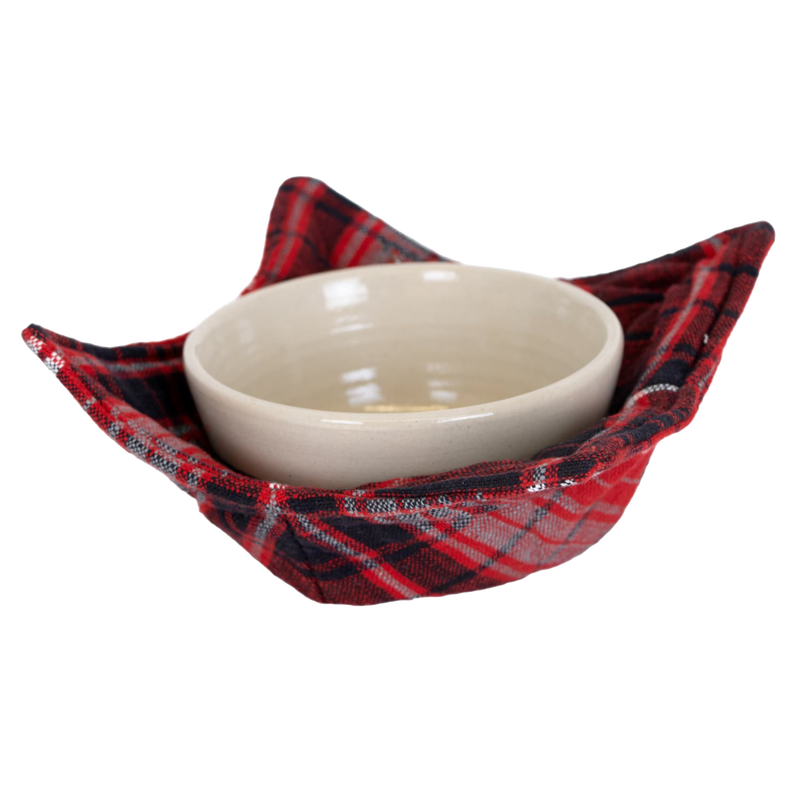 Handcrafted plaid bowl cozy made from 100% cotton, designed to safely hold hot bowls or mugs, featured in Kitchen & Food, Kitchen Textiles, Storage and Serving, Best Sellers, and Promo Eligible collections.