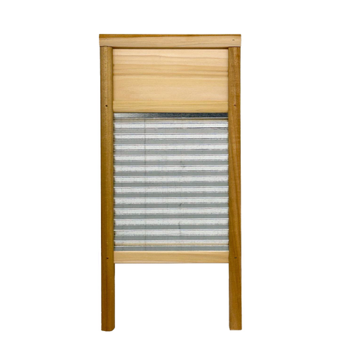 Handcrafted washboard with a wooden frame and galvanized wavy surface, designed for tough stain removal; ideal for Home & Decor, Laundry Supplies, USA Made, and Best Sellers collections.