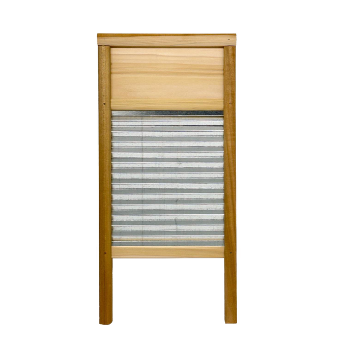 Handcrafted washboard with a wooden frame and galvanized wavy surface, designed for tough stain removal; ideal for Home & Decor, Laundry Supplies, USA Made, and Best Sellers collections.