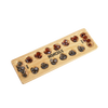 Handcrafted solid wood Mancala board with 48 glass stones in amber and black, designed for two players and featured in Toys, Books & Games, Table and Board Games, Best Sellers, and Promo Eligible collections.