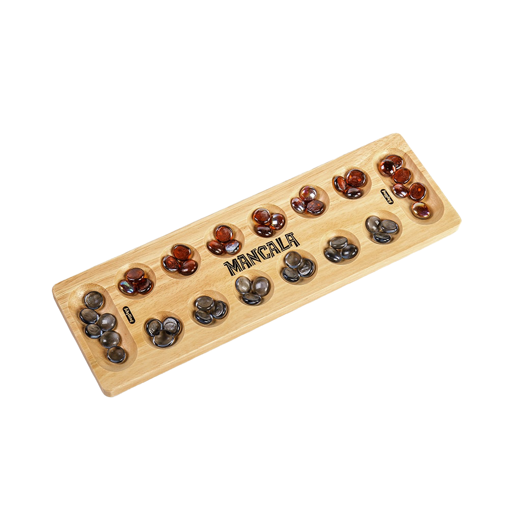Handcrafted solid wood Mancala board with 48 glass stones in amber and black, designed for two players and featured in Toys, Books & Games, Table and Board Games, Best Sellers, and Promo Eligible collections.
