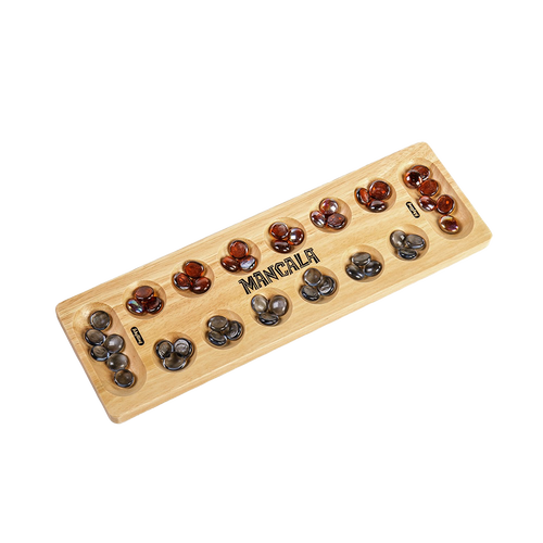 Handcrafted solid wood Mancala board with 48 glass stones in amber and black, designed for two players and featured in Toys, Books & Games, Table and Board Games, Best Sellers, and Promo Eligible collections.