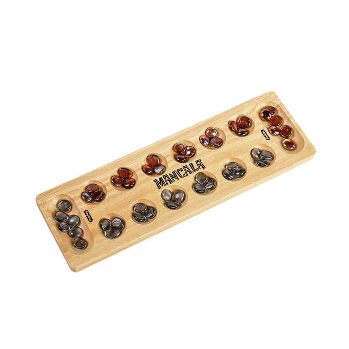 Handcrafted solid wood Mancala board with 48 glass stones in amber and black, designed for two players and featured in Toys, Books & Games, Table and Board Games, Best Sellers, and Promo Eligible collections.