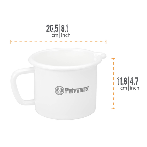 White enameled steel milk pot with sturdy handle and pour spout, lightweight and durable for camping, kitchen, cookware, farm, garden, and best sellers collections.