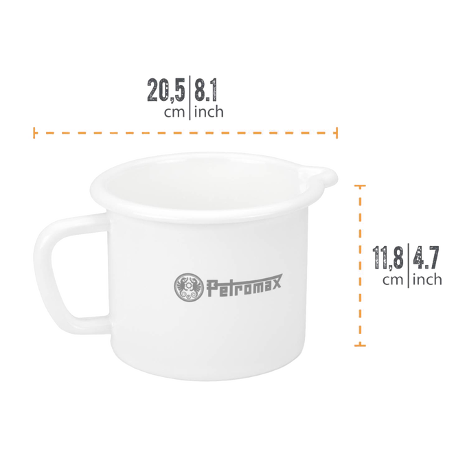 White enameled steel milk pot with sturdy handle and pour spout, lightweight and durable for camping, kitchen, cookware, farm, garden, and best sellers collections.