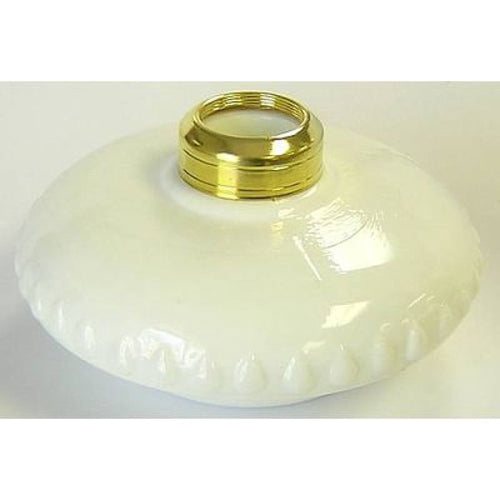 White glass oil lamp font with scalloped edge and polished brass collar, handcrafted for use in lamps & lighting, oil lamps, wall lamps, best sellers, and promo eligible collections.
