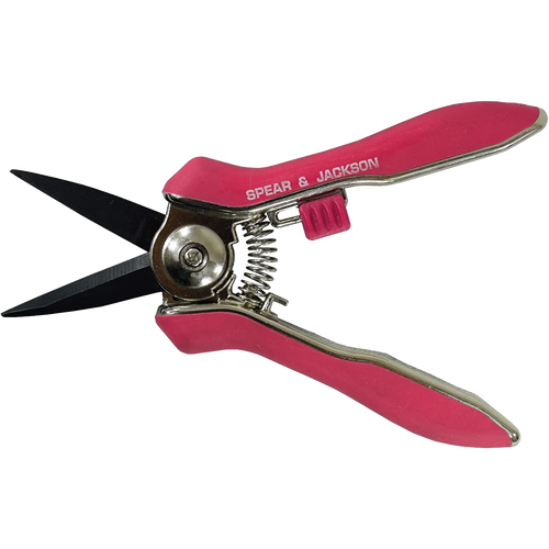 Compact pink garden snips with spring-action steel blades and ergonomic handles, designed for detailed trimming in Farm, Garden & Tool, Garden Accessories, and Lawncare collections.