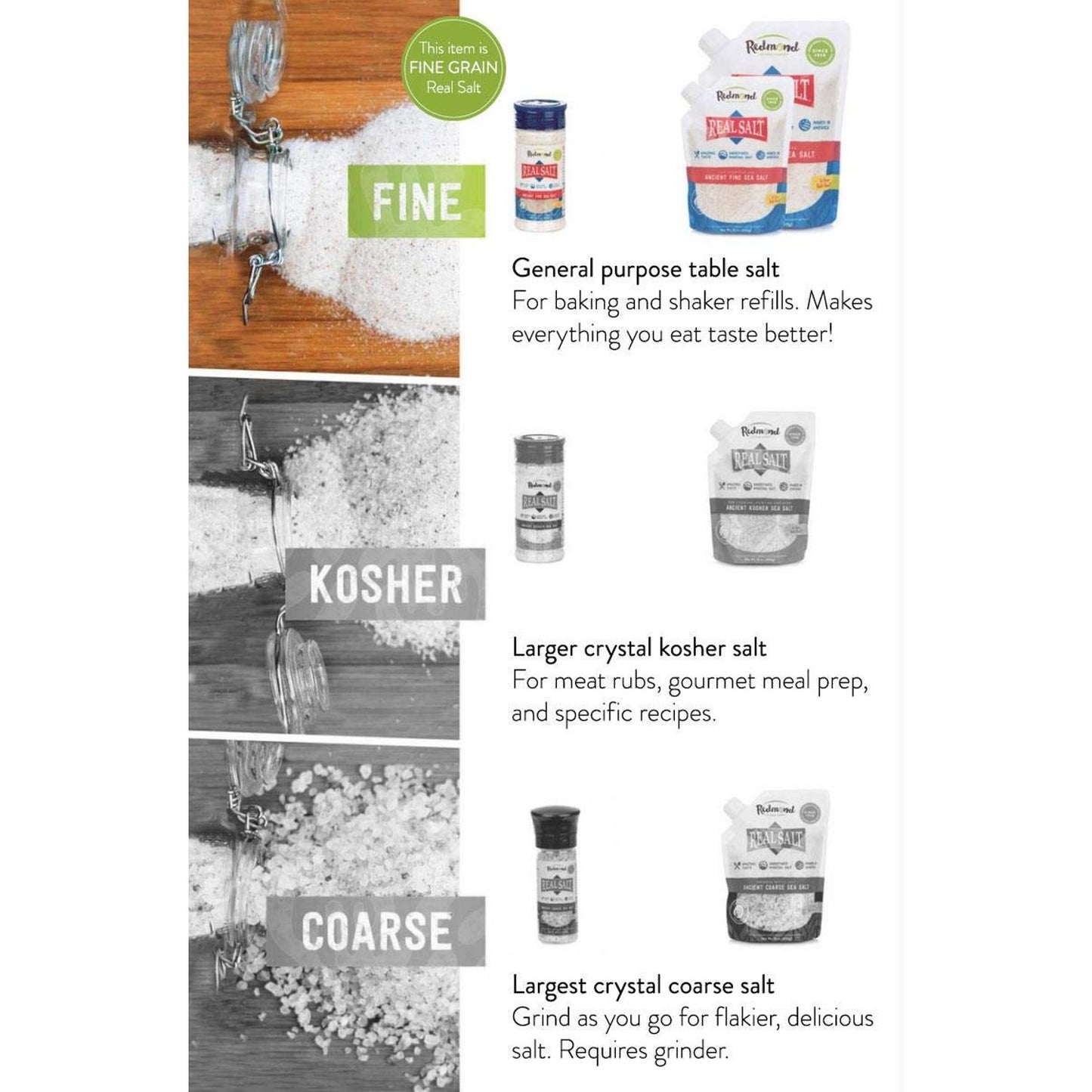 Comparison image showing fine, kosher, and coarse grain natural sea salt varieties with descriptions and product packaging, featured in Kitchen & Food, Pantry, USA Made, Best Sellers, and Promo Eligible collections.
