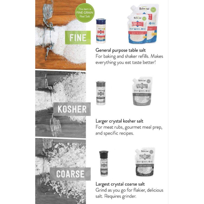 Comparison image showing fine, kosher, and coarse grain natural sea salt varieties with descriptions and product packaging, featured in Kitchen & Food, Pantry, USA Made, Best Sellers, and Promo Eligible collections.