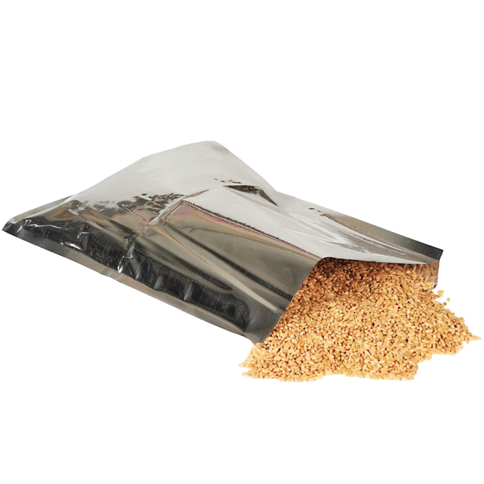 Pack of durable silver mylar bags with one open and filled with dry grains spilling out, designed for long-term food storage, ideal for Kitchen & Food, Grain Mills, and USA Made collections.
