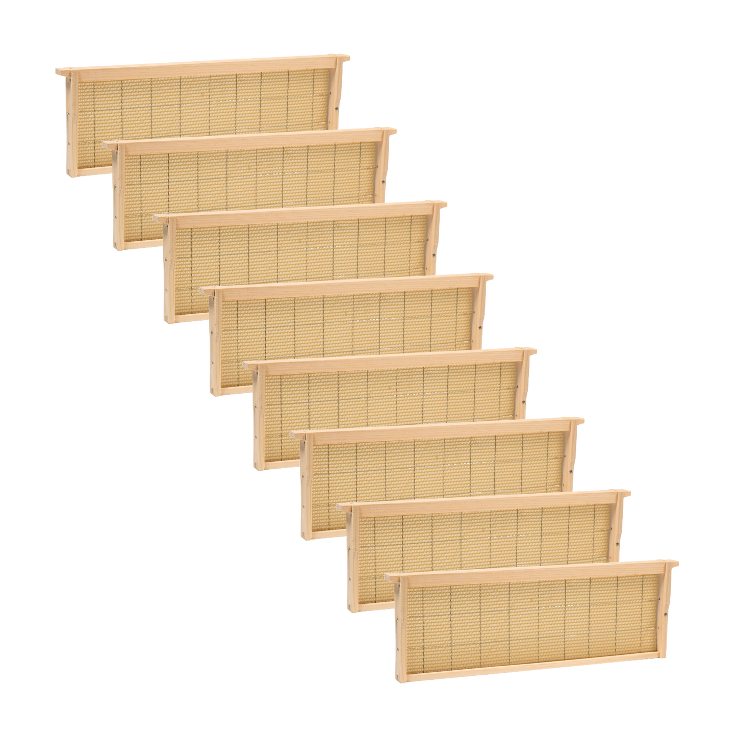 Set of handcrafted medium wooden bee frames with wired natural beeswax foundation, Amish made and USA crafted, ideal for beekeeping supplies and hive maintenance collections.