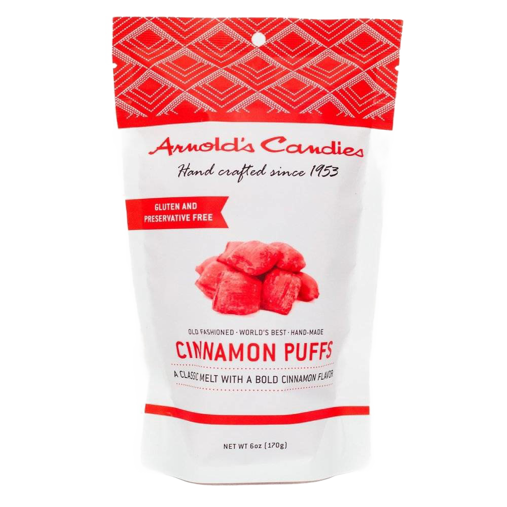 Packaged handmade cinnamon puffs with bold cinnamon flavor, gluten and preservative free, crafted in the USA, ideal for Kitchen & Food, Snacks and Sweets, USA Made, Best Sellers, and Promo Eligible collections.