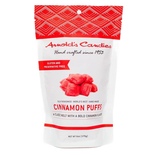 Packaged handmade cinnamon puffs with bold cinnamon flavor, gluten and preservative free, crafted in the USA, ideal for Kitchen & Food, Snacks and Sweets, USA Made, Best Sellers, and Promo Eligible collections.