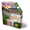 Box packaging of a colorful 300-piece fish-shaped jigsaw puzzle featuring a detailed trout illustration with puzzle pieces suspended in the air, part of children's toys and games collections.
