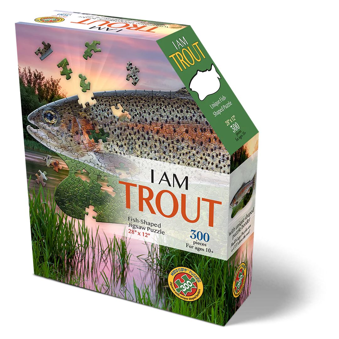 Box packaging of a colorful 300-piece fish-shaped jigsaw puzzle featuring a detailed trout illustration with puzzle pieces suspended in the air, part of children's toys and games collections.