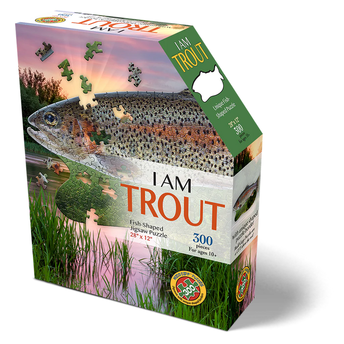 Box packaging of a colorful 300-piece fish-shaped jigsaw puzzle featuring a detailed trout illustration with puzzle pieces suspended in the air, part of children's toys and games collections.