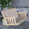 Handcrafted hanging porch swing made from low-maintenance cypress wood with slatted back and seat, suspended by sturdy metal chains, perfect for outdoor furniture and home decor collections.