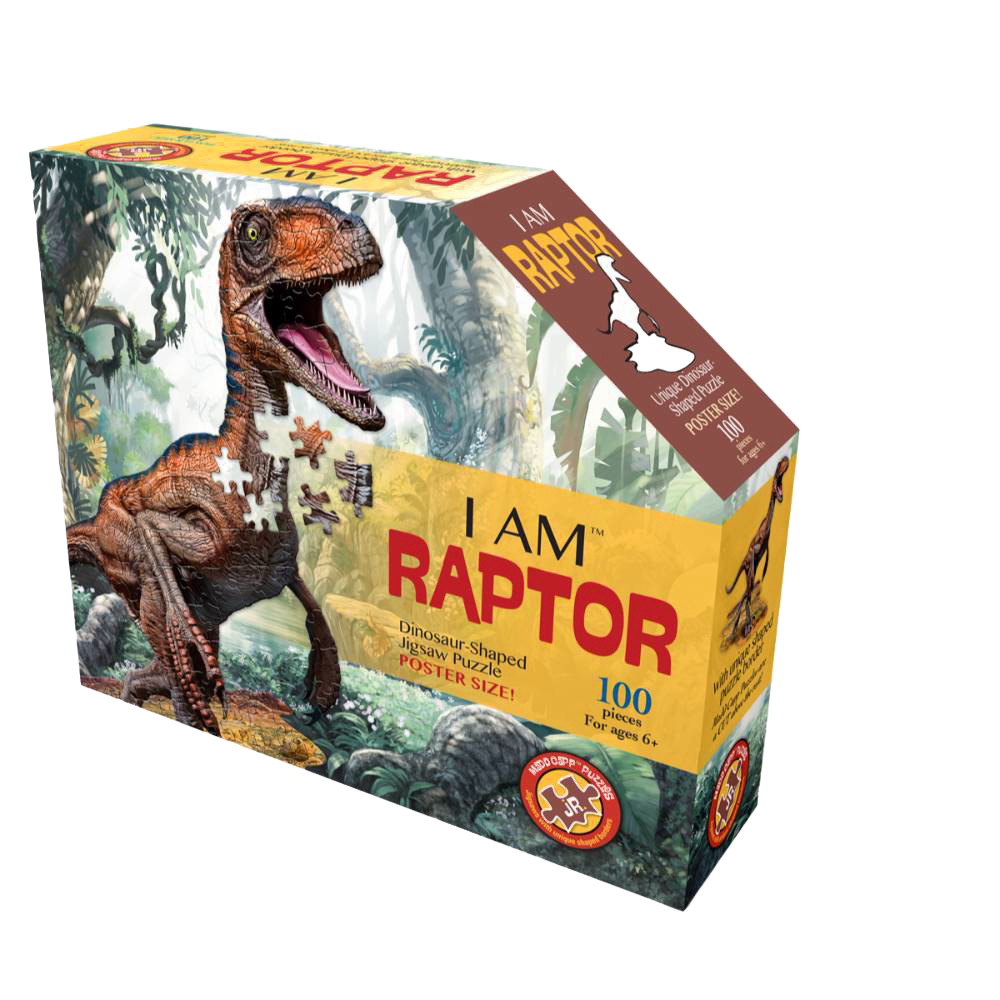 Boxed 100-piece dinosaur-shaped jigsaw puzzle featuring a roaring raptor illustration and educational poster, designed for children’s toys and puzzles collections.