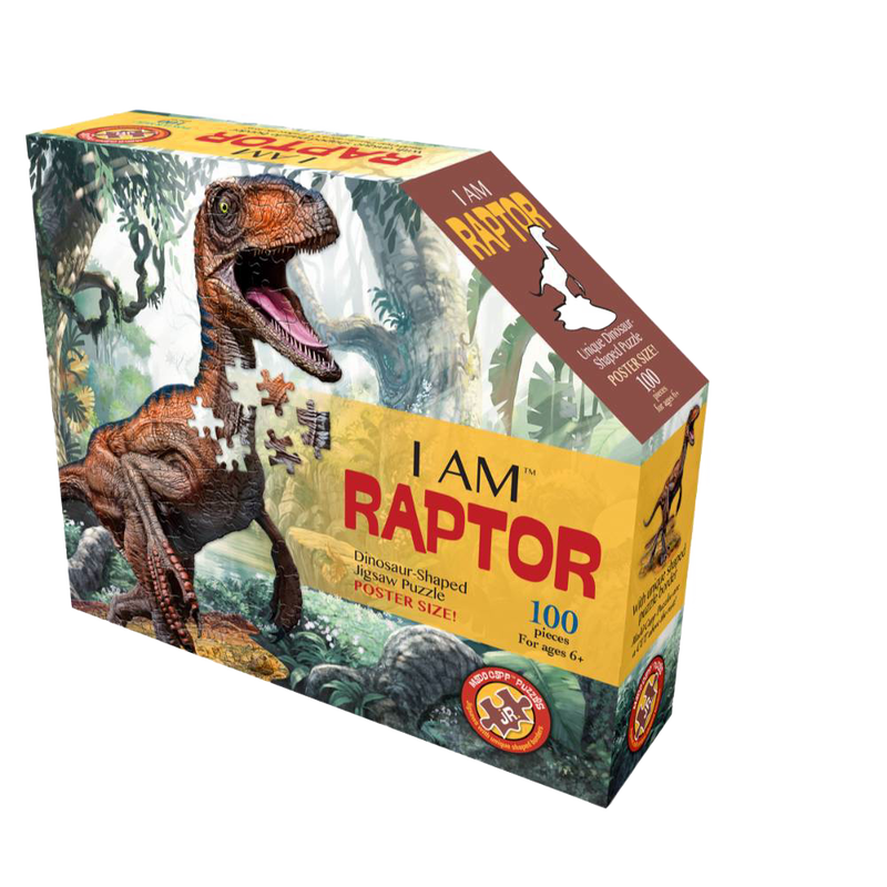 Boxed 100-piece dinosaur-shaped jigsaw puzzle featuring a roaring raptor illustration and educational poster, designed for children’s toys and puzzles collections.