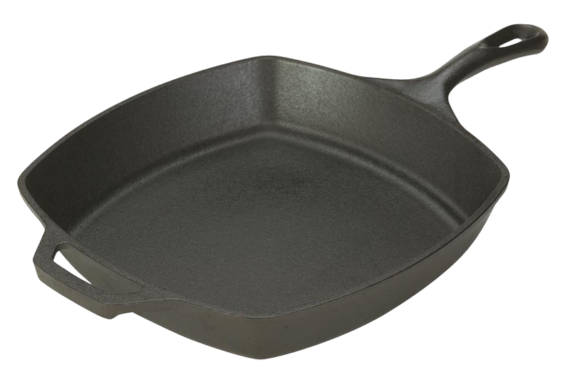 Handcrafted American-made cast iron square skillet with pre-seasoned surface, sturdy handle, and helper grip, ideal for Kitchen & Food, Cookware, Cast Iron, USA Made, and Best Sellers collections.