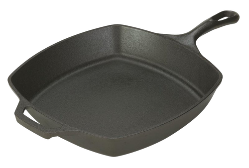 Handcrafted American-made cast iron square skillet with pre-seasoned surface, sturdy handle, and helper grip, ideal for Kitchen & Food, Cookware, Cast Iron, USA Made, and Best Sellers collections.
