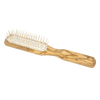 Handcrafted olive wood hairbrush with five rows of straight hornbeam pins, designed for gentle detangling and scalp comfort, featured in Health & Wellness and Grooming collections.