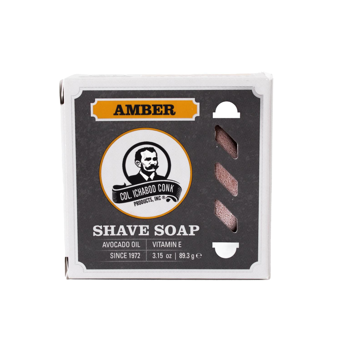 Boxed amber shaving soap enriched with avocado oil and vitamin E, handmade in USA, providing a rich lather for smooth shaving in Health & Wellness, Grooming, and Best Sellers collections.