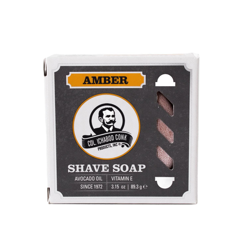 Boxed amber shaving soap enriched with avocado oil and vitamin E, handmade in USA, providing a rich lather for smooth shaving in Health & Wellness, Grooming, and Best Sellers collections.