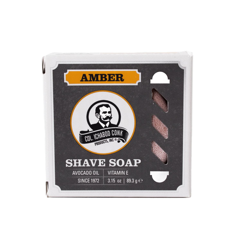 Boxed amber shaving soap enriched with avocado oil and vitamin E, handmade in USA, providing a rich lather for smooth shaving in Health & Wellness, Grooming, and Best Sellers collections.