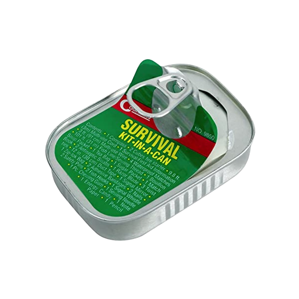 Compact survival kit in a sturdy tin with a pull-tab lid, containing over 30 essential emergency tools for outdoor and farm use, featured in Farm, Garden & Tool and Emergency Supplies collections.