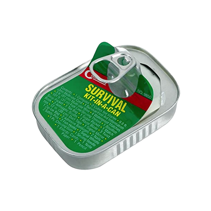 Compact survival kit in a sturdy tin with a pull-tab lid, containing over 30 essential emergency tools for outdoor and farm use, featured in Farm, Garden & Tool and Emergency Supplies collections.