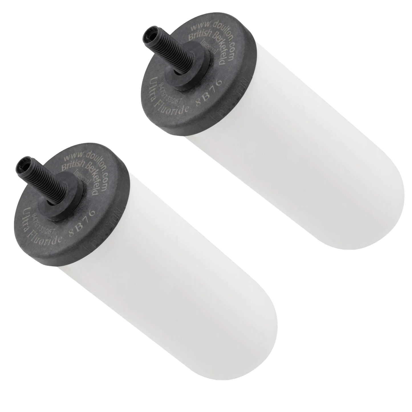 Pair of handcrafted ultra fluoride ceramic filter cartridges with black threaded tops, designed for gravity water systems in Farm, Garden & Tool, Appliances, Emergency Supplies, and Water Heating collections.