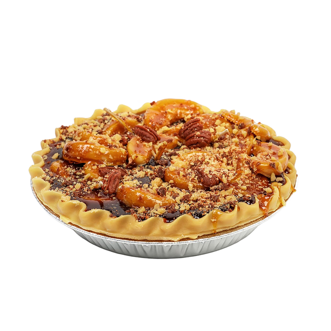 Handcrafted scented apple pie dessert candle with realistic crust, pecan topping, and crumbly streusel in a foil pie pan, featured in Home & Decor, Farm, Garden & Tool, Apple Harvest Supplies, Decor, USA Made, Best Sellers, and Promo Eligible collections.