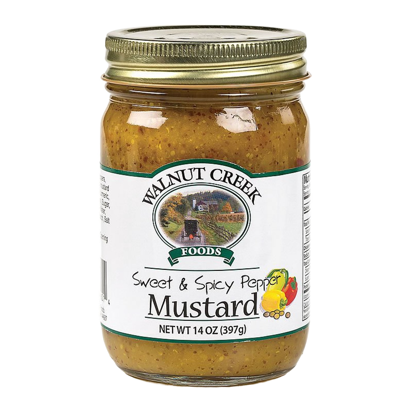 Glass jar of handcrafted sweet and spicy pepper mustard with natural grain texture and gold metal lid, made in USA, ideal for Kitchen & Food, Pantry, USA Made, Best Sellers, Promo Eligible collections
