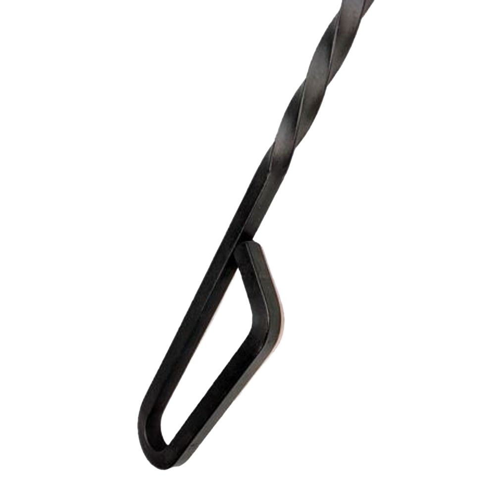 Handcrafted steel fire poker with a distinct loop handle and twisted shaft, Amish made in the USA, designed for safely adjusting logs and managing embers in hearth accessories.