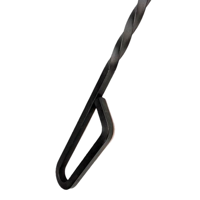 Handcrafted steel fire poker with a distinct loop handle and twisted shaft, Amish made in the USA, designed for safely adjusting logs and managing embers in hearth accessories.