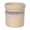 Handmade stoneware crock with double blue stripes in heritage style, perfect for kitchen decor, food preservation, fermenting, and pickling in USA-made collections.