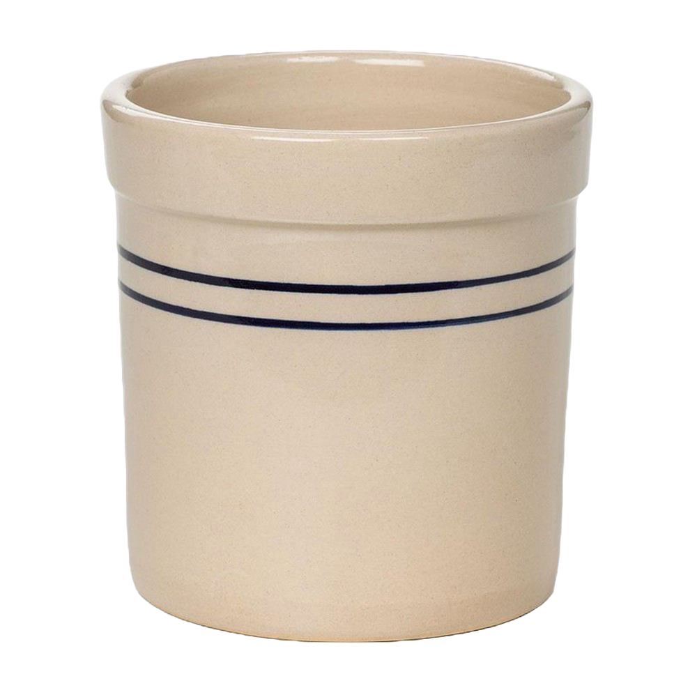Handmade stoneware crock with double blue stripes in heritage style, perfect for kitchen decor, food preservation, fermenting, and pickling in USA-made collections.