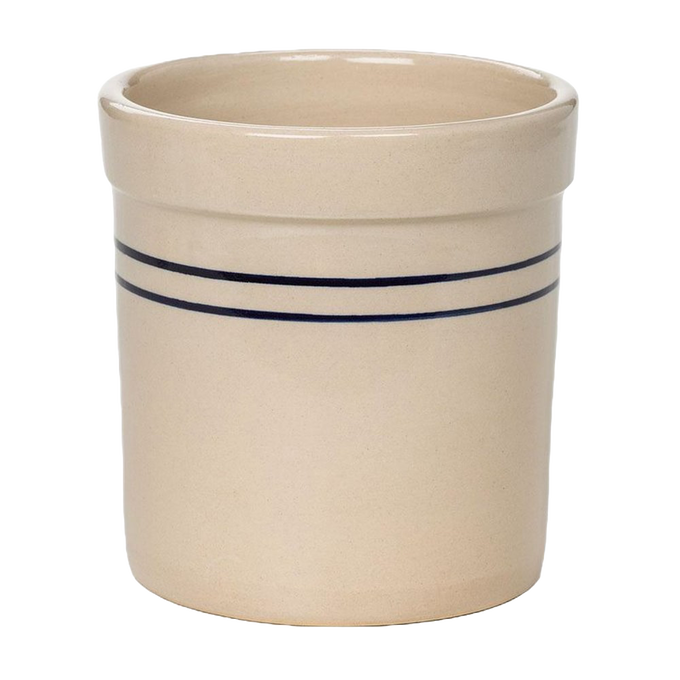 Handmade stoneware crock with double blue stripes in heritage style, perfect for kitchen decor, food preservation, fermenting, and pickling in USA-made collections.