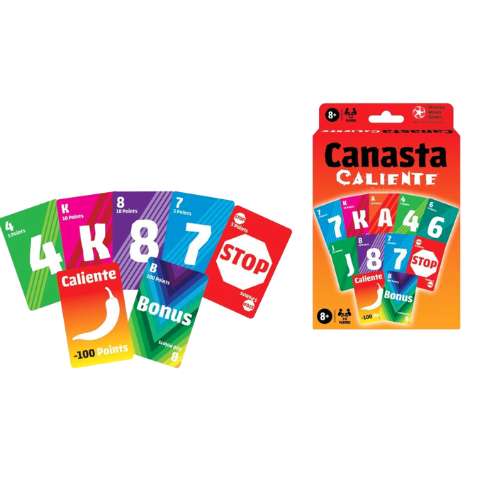 Bright set of colorful Canasta Caliente playing cards including numbered, lettered, special Caliente and Bonus cards, packaged in a red box, perfect for Toys, Books & Games and family play.