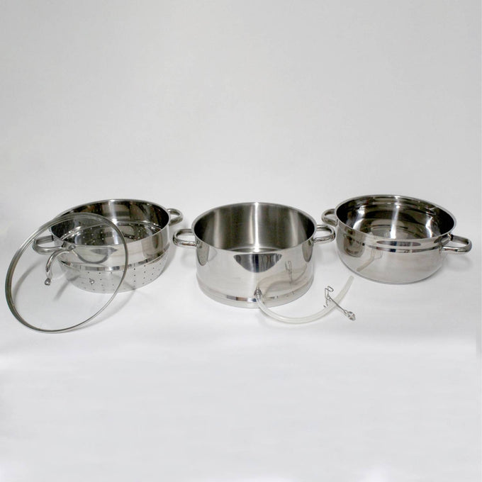 Three-piece stainless steel steam juicer set with clear glass lid and leak-proof spout, designed for stovetop use and featured in Kitchen & Food, Juicers and Steamers, and Best Sellers collections.
