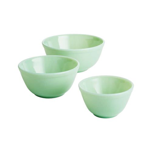 Set of three handcrafted pale green glass mixing bowls in varying sizes, ideal for kitchen and food prep, USA made and featured in Cookware, Baking Supplies, Dinnerware, and Best Sellers collections.