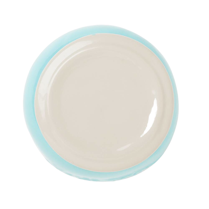 Round ceramic lid with smooth ivory center and light blue outer rim, designed as a durable accessory for kitchen and household helpers collections.