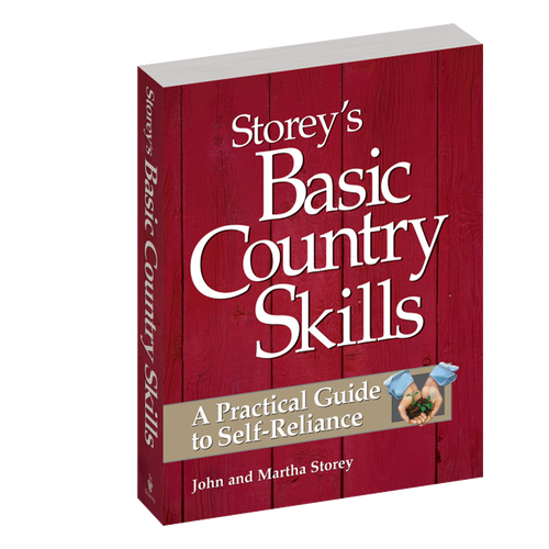 Book titled "Basic Country Skills" by John and Martha Storey, with a rustic red wooden background cover, offering practical self-reliance guidance for heritage and lifestyle book collections.