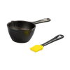 Black cast iron melting pot with spouts and long handle paired with a yellow silicone brush, ideal for Kitchen & Food, Cookware, Cast Iron, and Best Sellers collections.