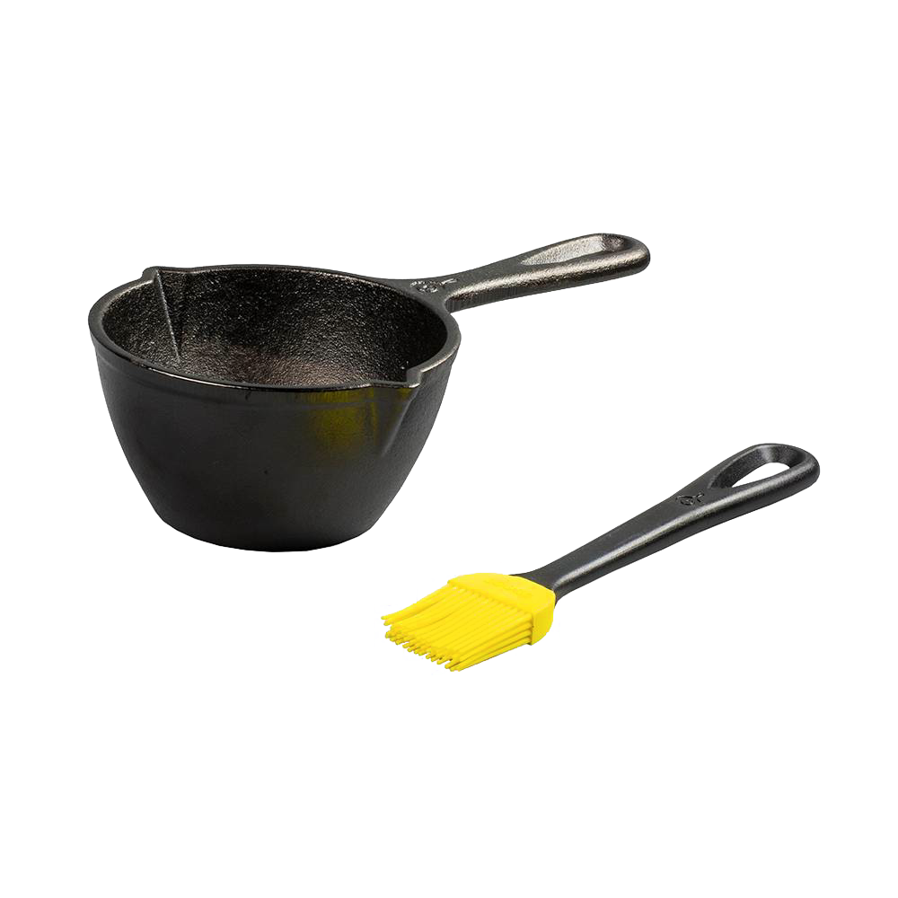 Black cast iron melting pot with spouts and long handle paired with a yellow silicone brush, ideal for Kitchen & Food, Cookware, Cast Iron, and Best Sellers collections.