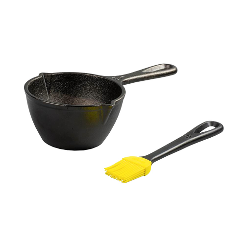 Black cast iron melting pot with spouts and long handle paired with a yellow silicone brush, ideal for Kitchen & Food, Cookware, Cast Iron, and Best Sellers collections.