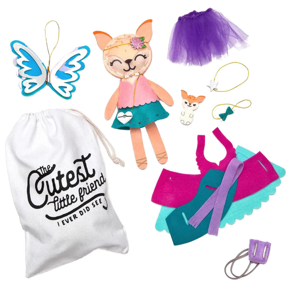 Handcrafted craft kit with a soft fox stuffie, colorful fairy wings, purple tutu, dress pieces, keychains, and a fabric storage bag, featured in Toys, Books & Games and Arts and Crafts collections.