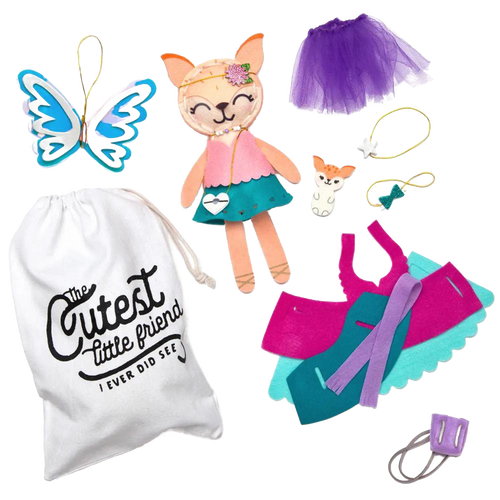 Handcrafted craft kit with a soft fox stuffie, colorful fairy wings, purple tutu, dress pieces, keychains, and a fabric storage bag, featured in Toys, Books & Games and Arts and Crafts collections.