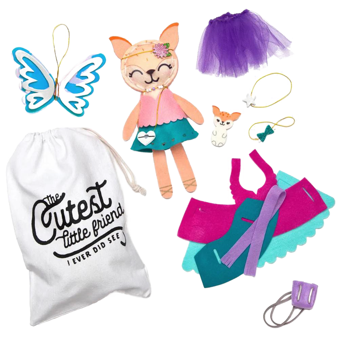 Handcrafted craft kit with a soft fox stuffie, colorful fairy wings, purple tutu, dress pieces, keychains, and a fabric storage bag, featured in Toys, Books & Games and Arts and Crafts collections.